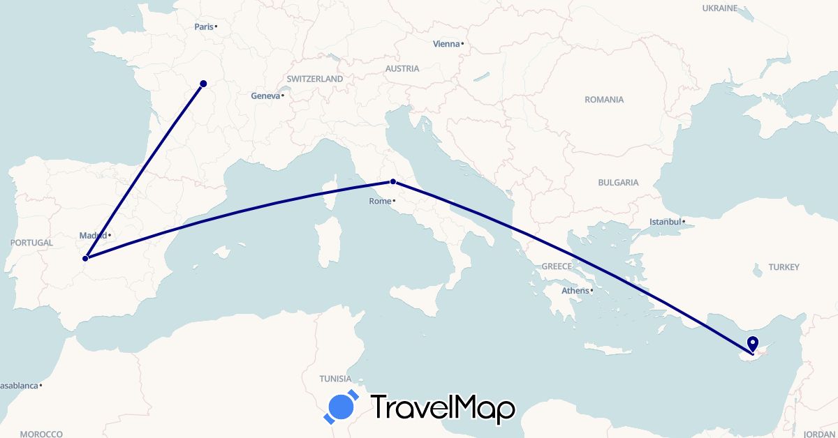 TravelMap itinerary: driving in Cyprus, Spain, France, Italy (Asia, Europe)
